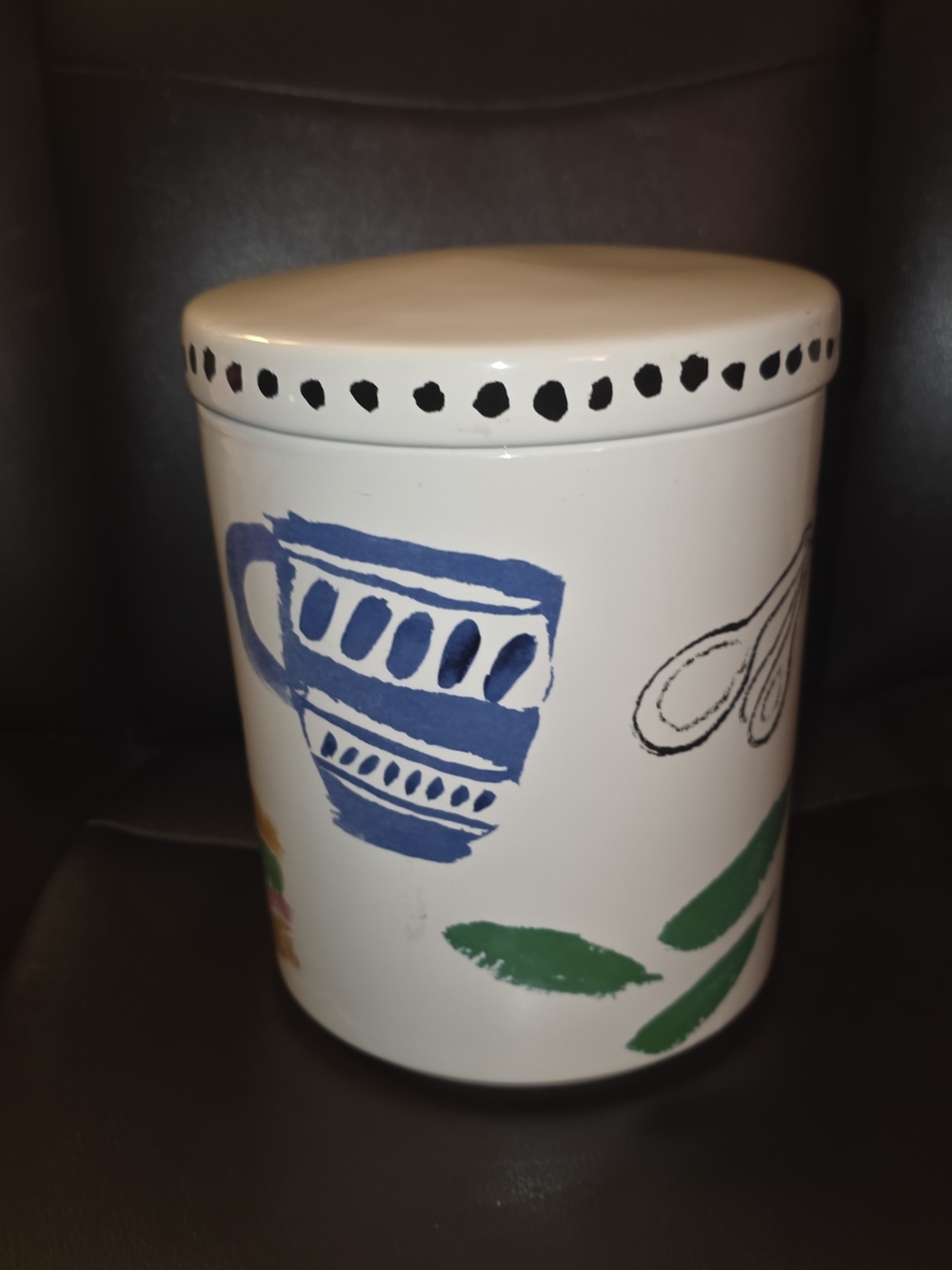 kate spade White Ceramic Canister with Blue Cup and Green Leaf Accents